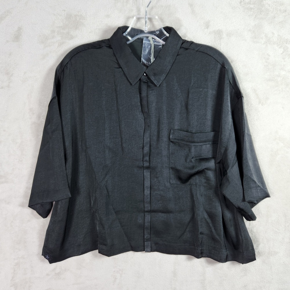 Barefoot Dreams Washed Satin Cropped Dream‎ Shirt Womens Large Black A612221 NWT